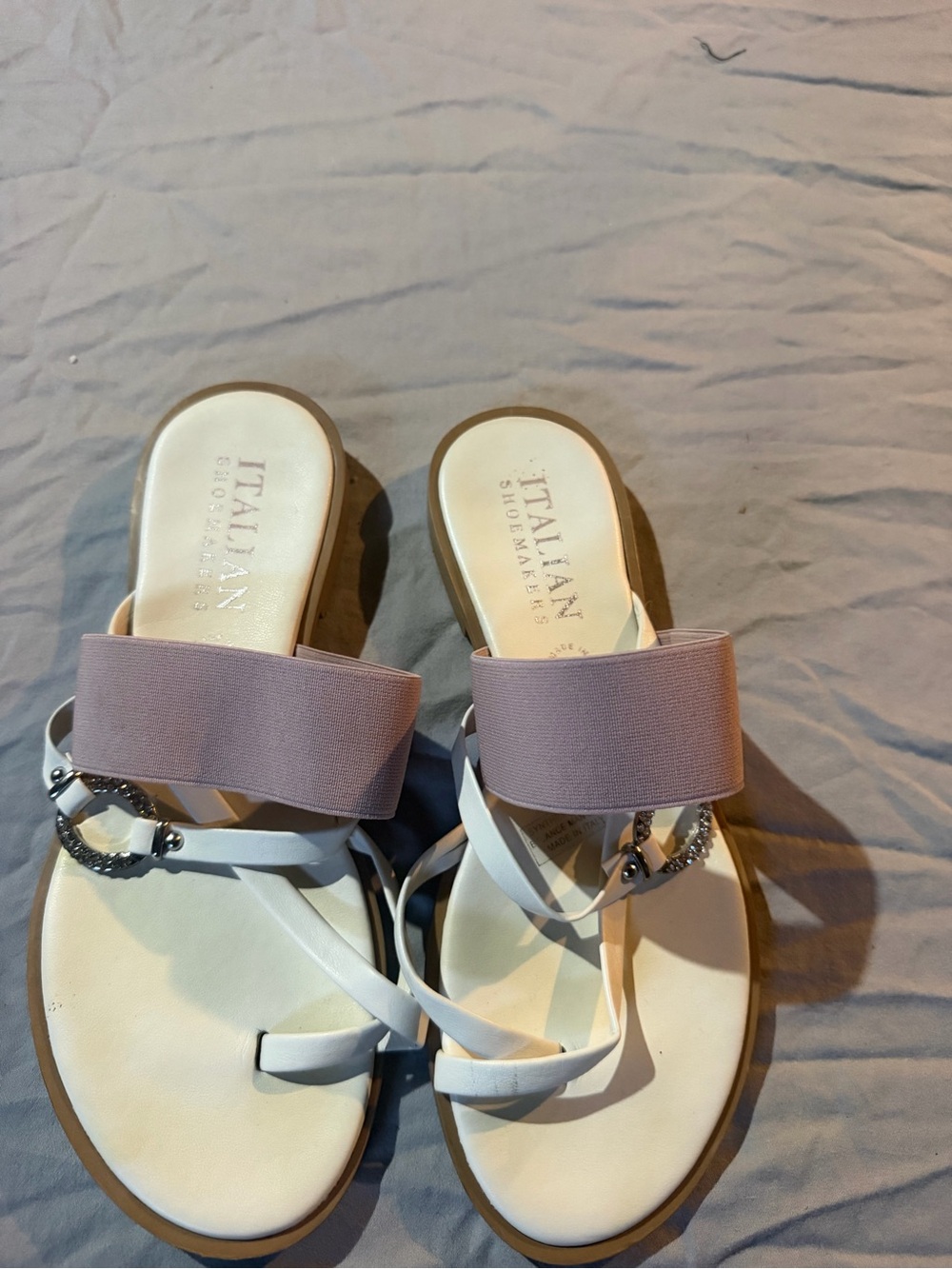 Italian Shoemakers White Sandals with Mauve Elastic Strap and Silver Ring